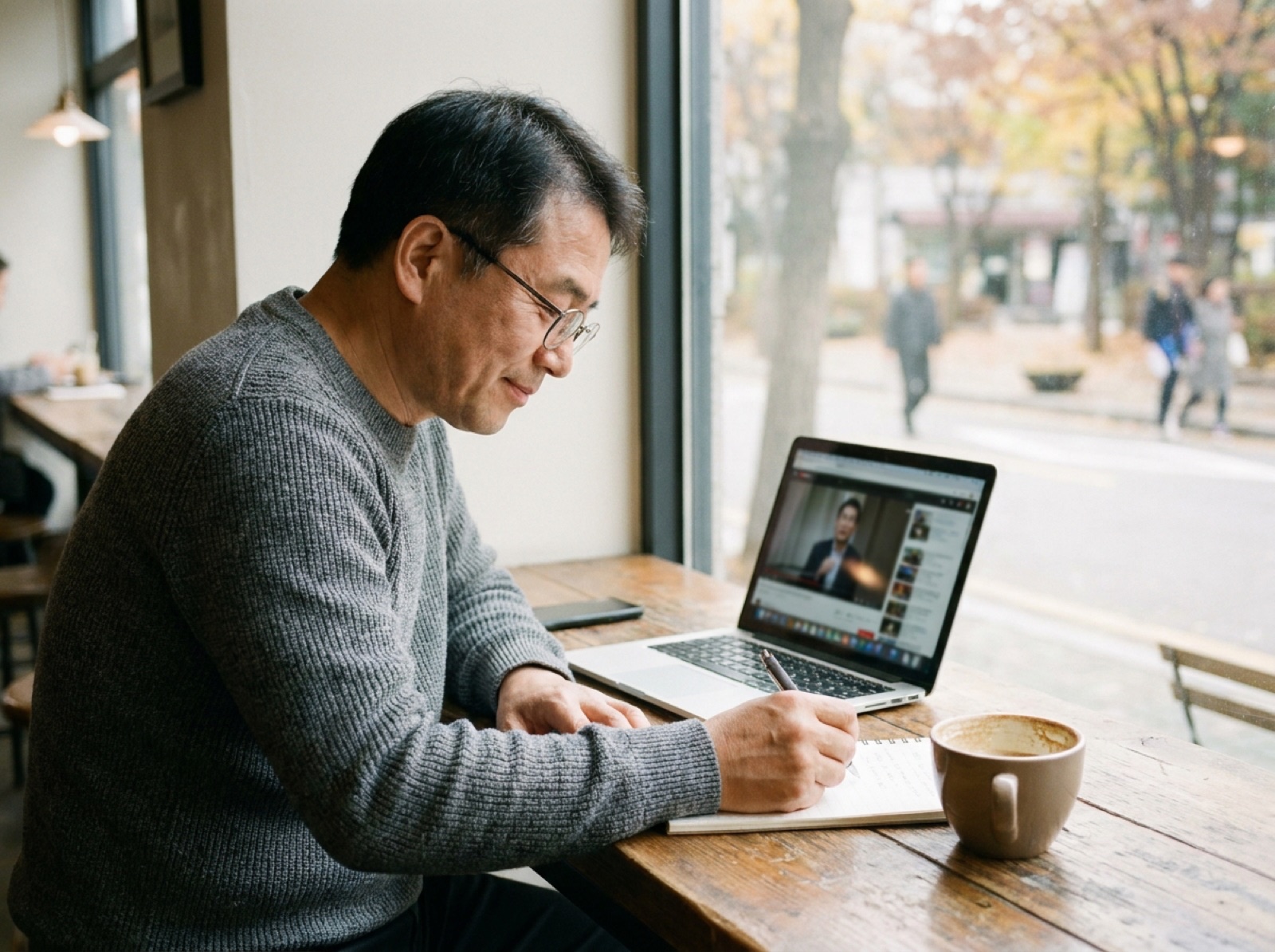 평일 오후 카페에서 온라인 강의를 들으며 공책에 적는 사장